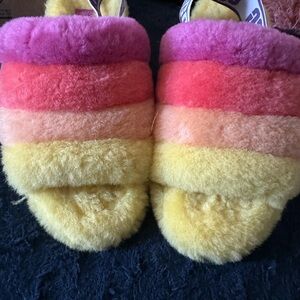 UGG Yellow and Pink Fuzzy Slippers